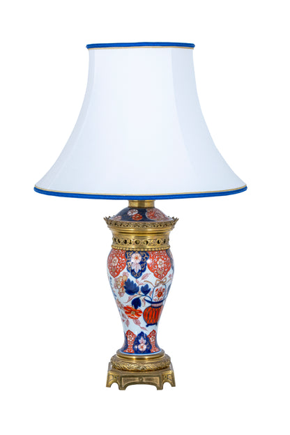 Hand Painted Lamp With Cream Shade With Blue Trim