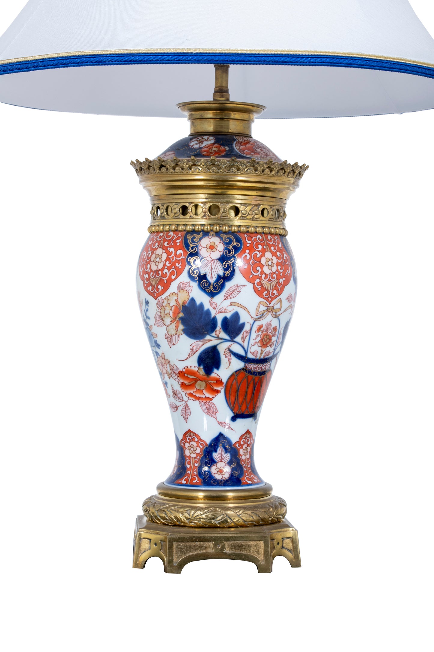 Hand Painted Lamp With Cream Shade With Blue Trim