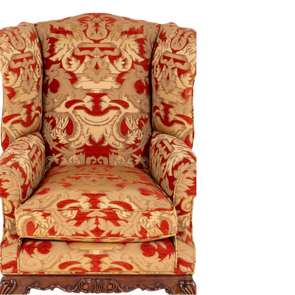 damask fabric on wingback armchair brights of nettlebed fine furniture