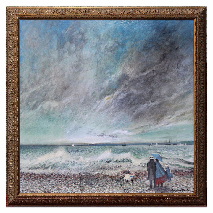 A family walk by crashing waves, original framed oil painting - Brights of NettlebedOriginal Painting Seascape