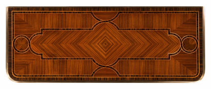 A serpentine mahogany chest of drawers with strapwork marquetry