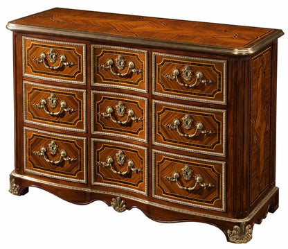 A serpentine mahogany chest of drawers with strapwork marquetry