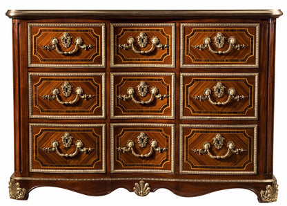 A serpentine mahogany chest of drawers with strapwork marquetry