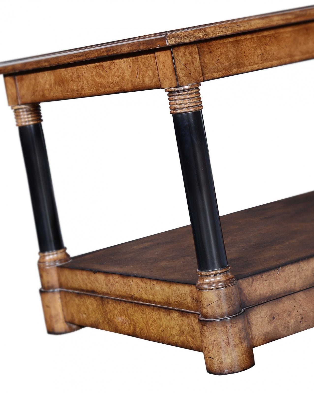 Empire Style Coffee Table in Burr Oak with Ebonised Legs