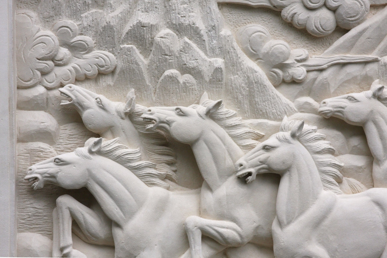 Hand Carved Horses Stone Wall Plaque