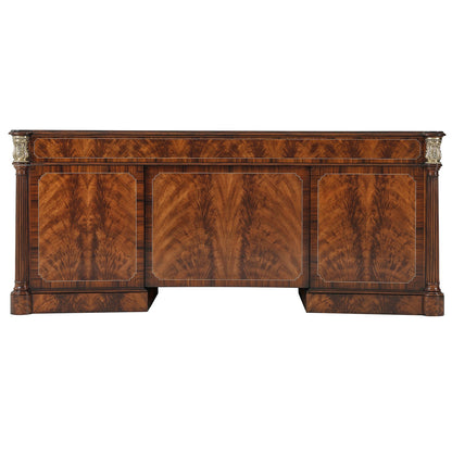 Flame mahogany and crossbanded pedestal desk