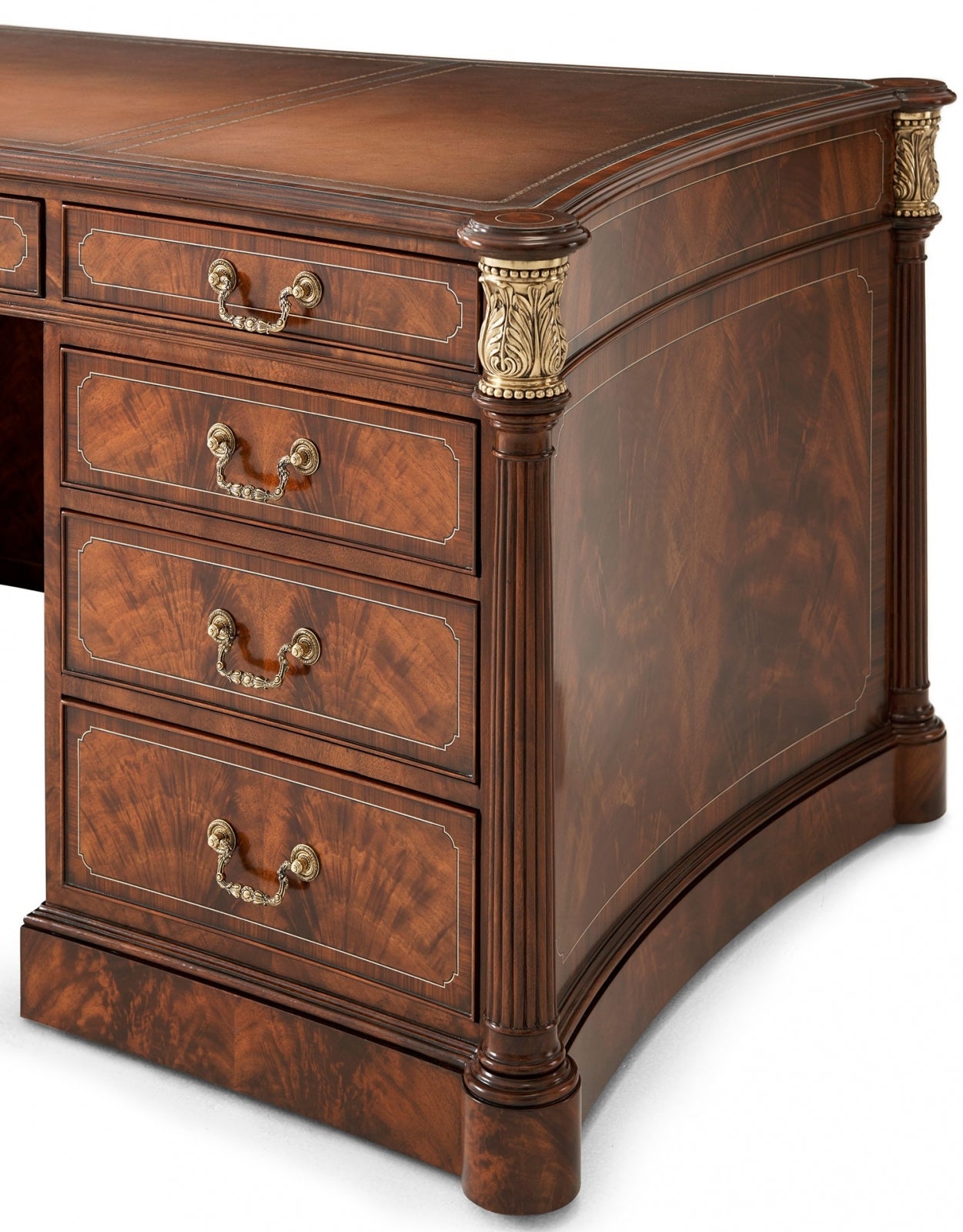 Flame mahogany and crossbanded pedestal desk