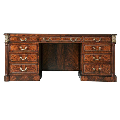 Flame mahogany and crossbanded pedestal desk