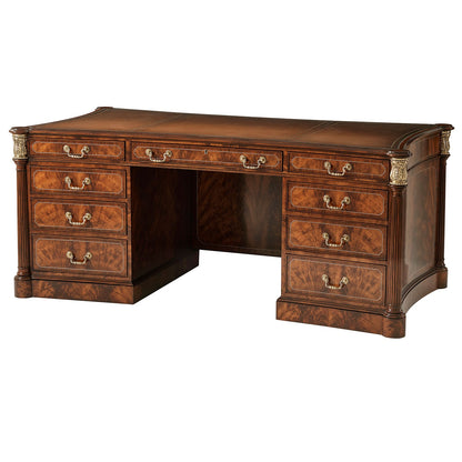 Flame mahogany and crossbanded pedestal desk