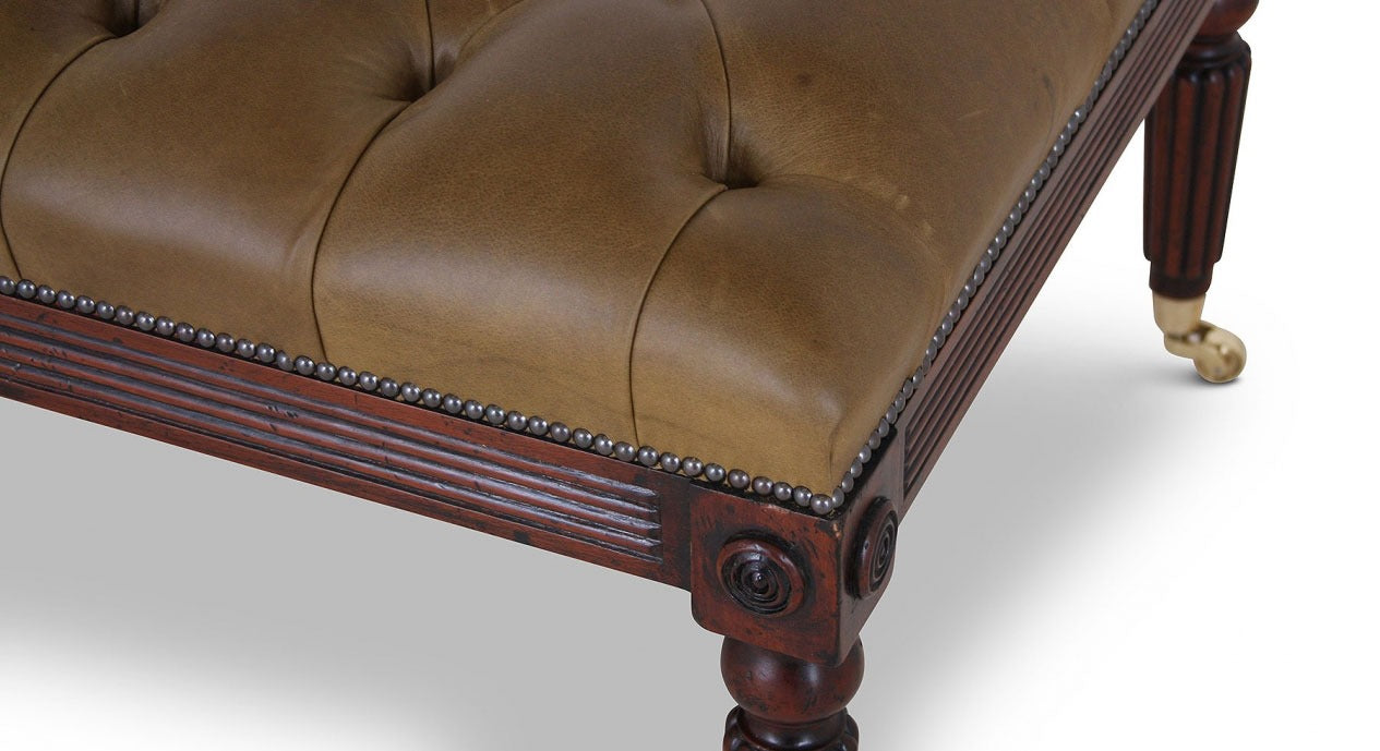 The Small Leather Footstool in Olive Green