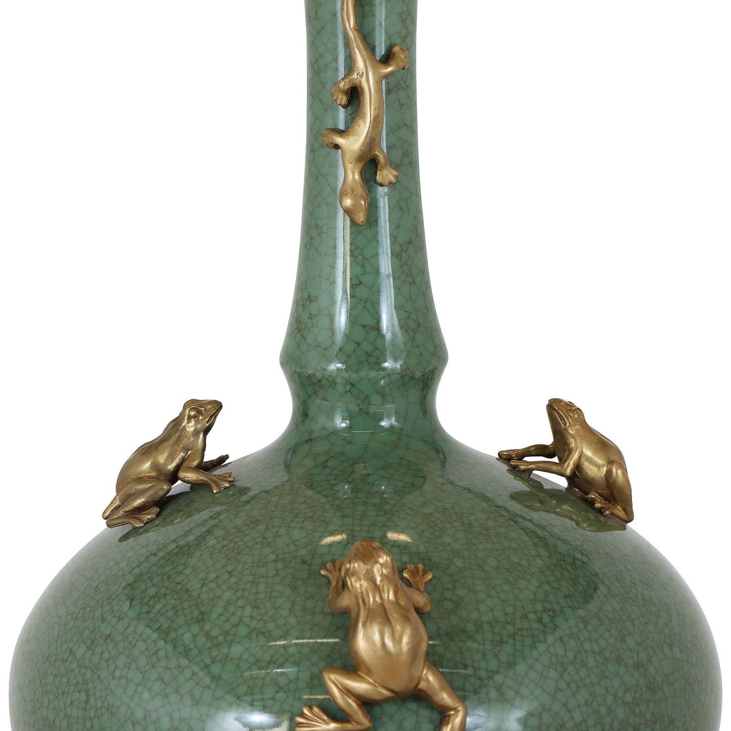 Green Porcelain Table Lamp with Brass Frogs