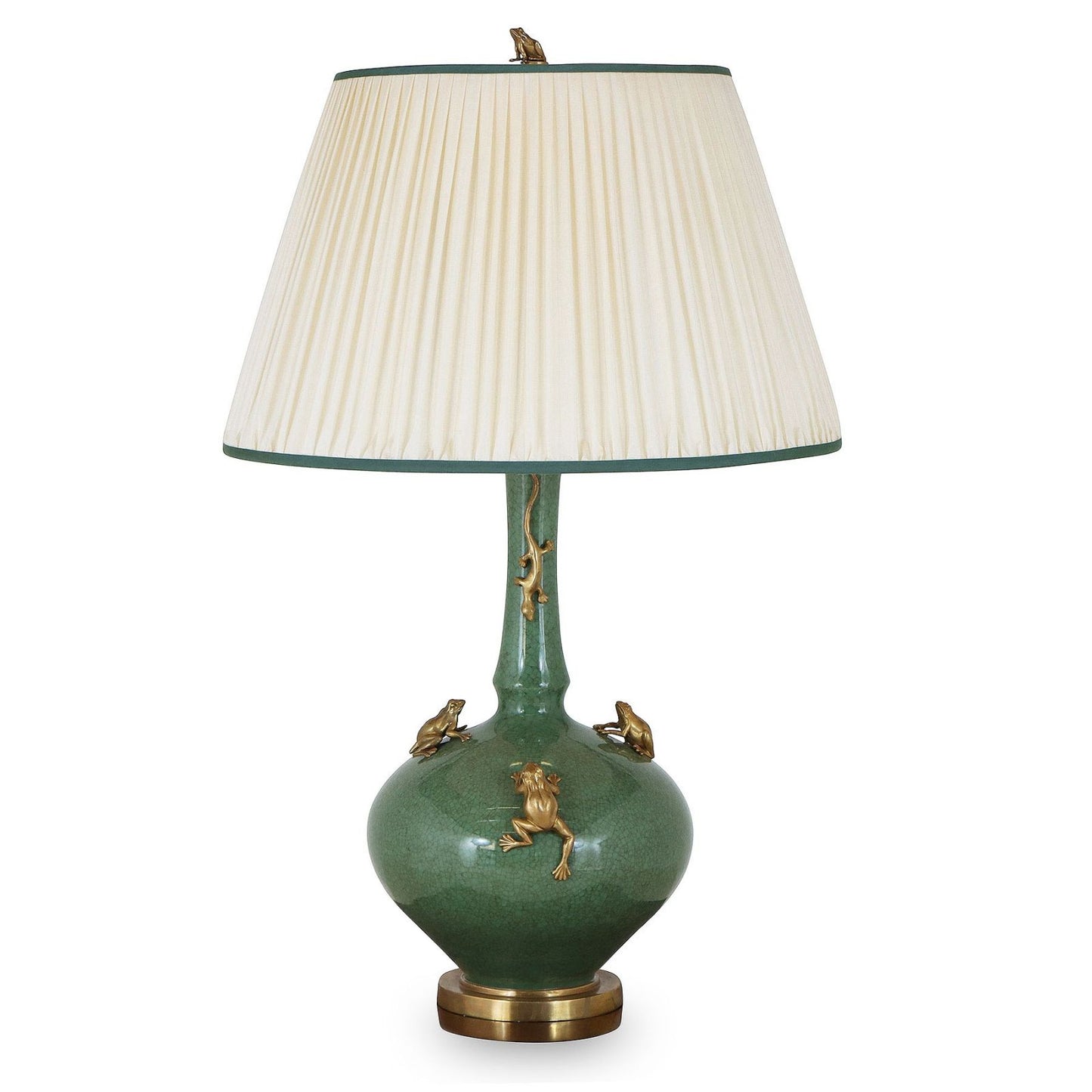 Green Porcelain Table Lamp with Brass Frogs