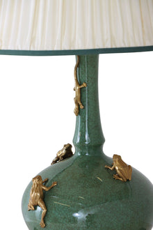 Green Porcelain Table Lamp with Brass Frogs