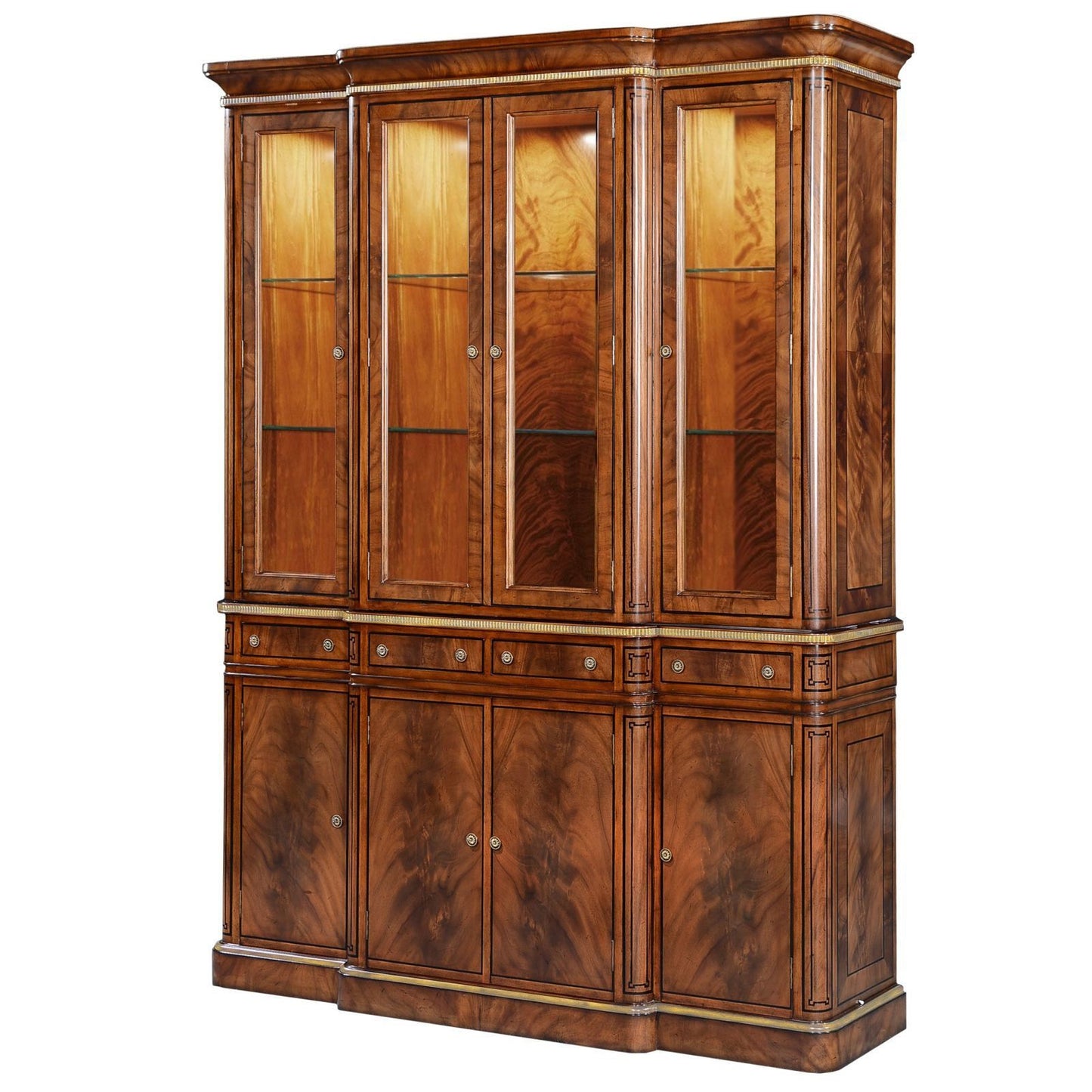 Thomas Hope Style Mahogany and Gilded Breakfront Display Cabinet