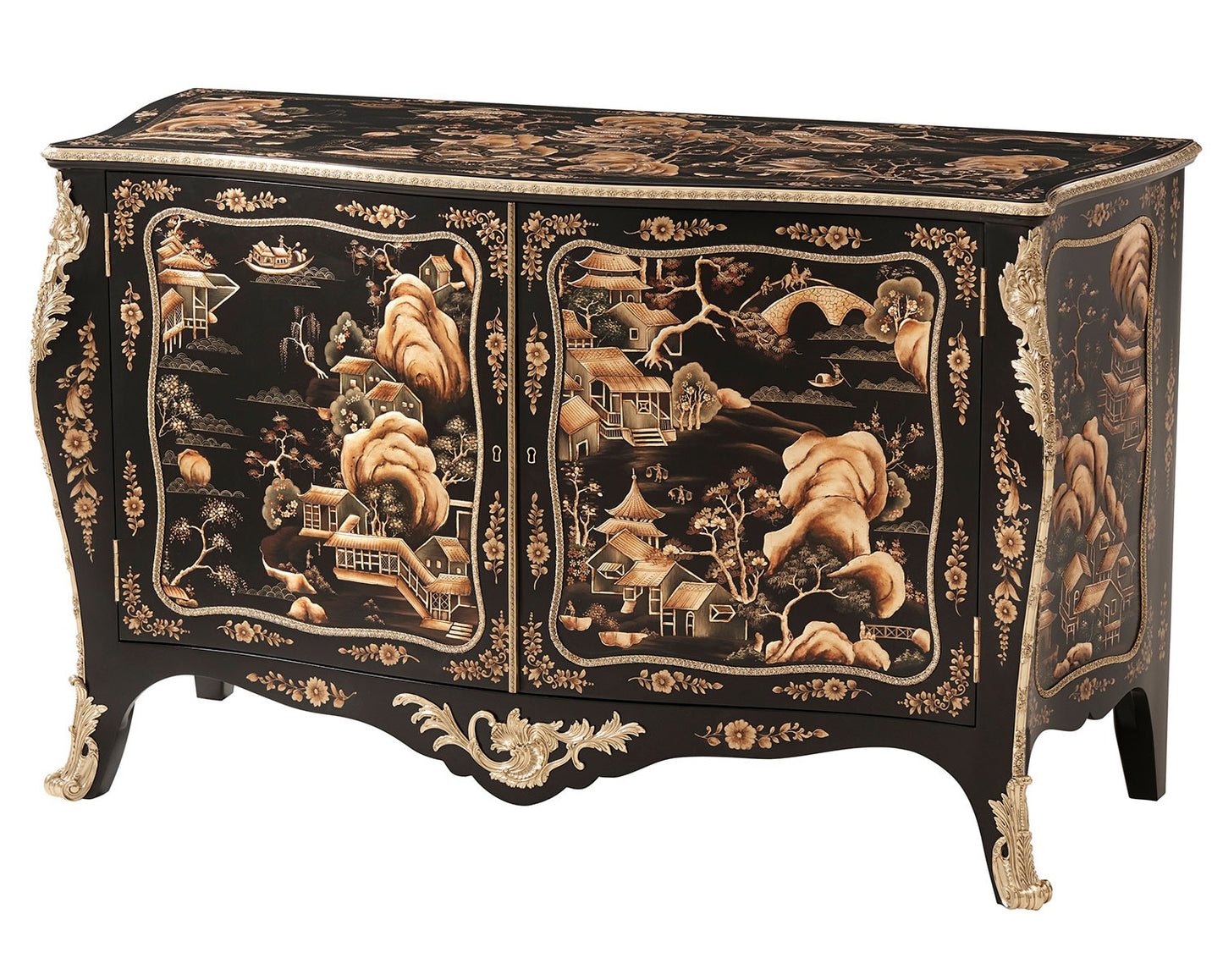 Black Chinoiserie Lacquered Serpentine Commode