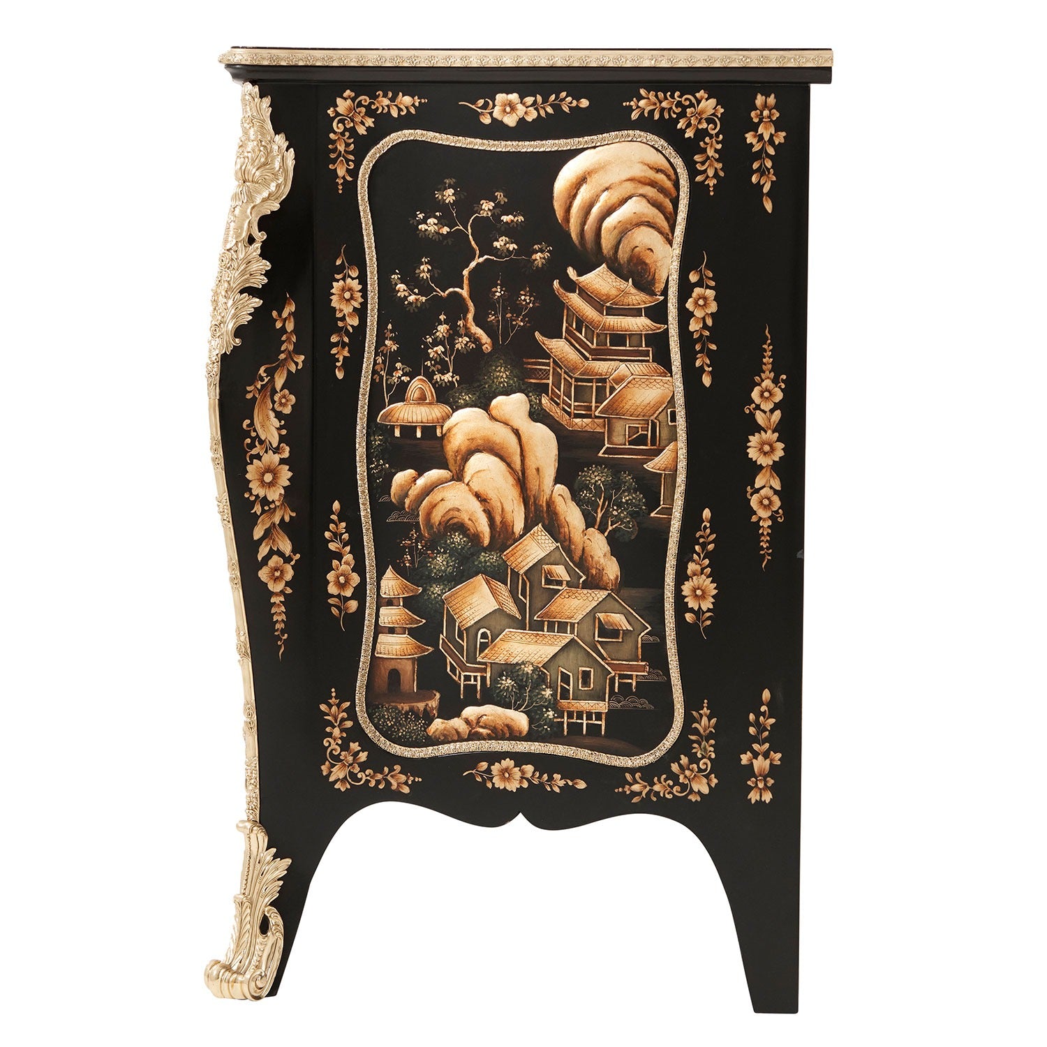 Black Chinoiserie Lacquered Serpentine Commode