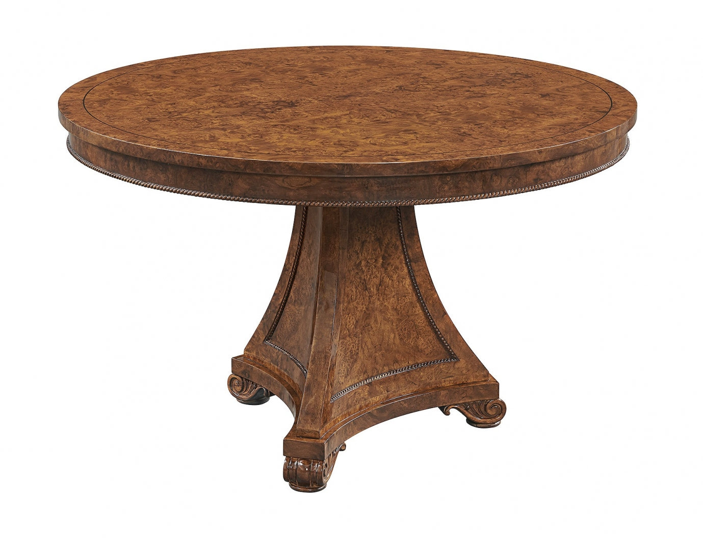 Robert Adam style burl walnut centre table