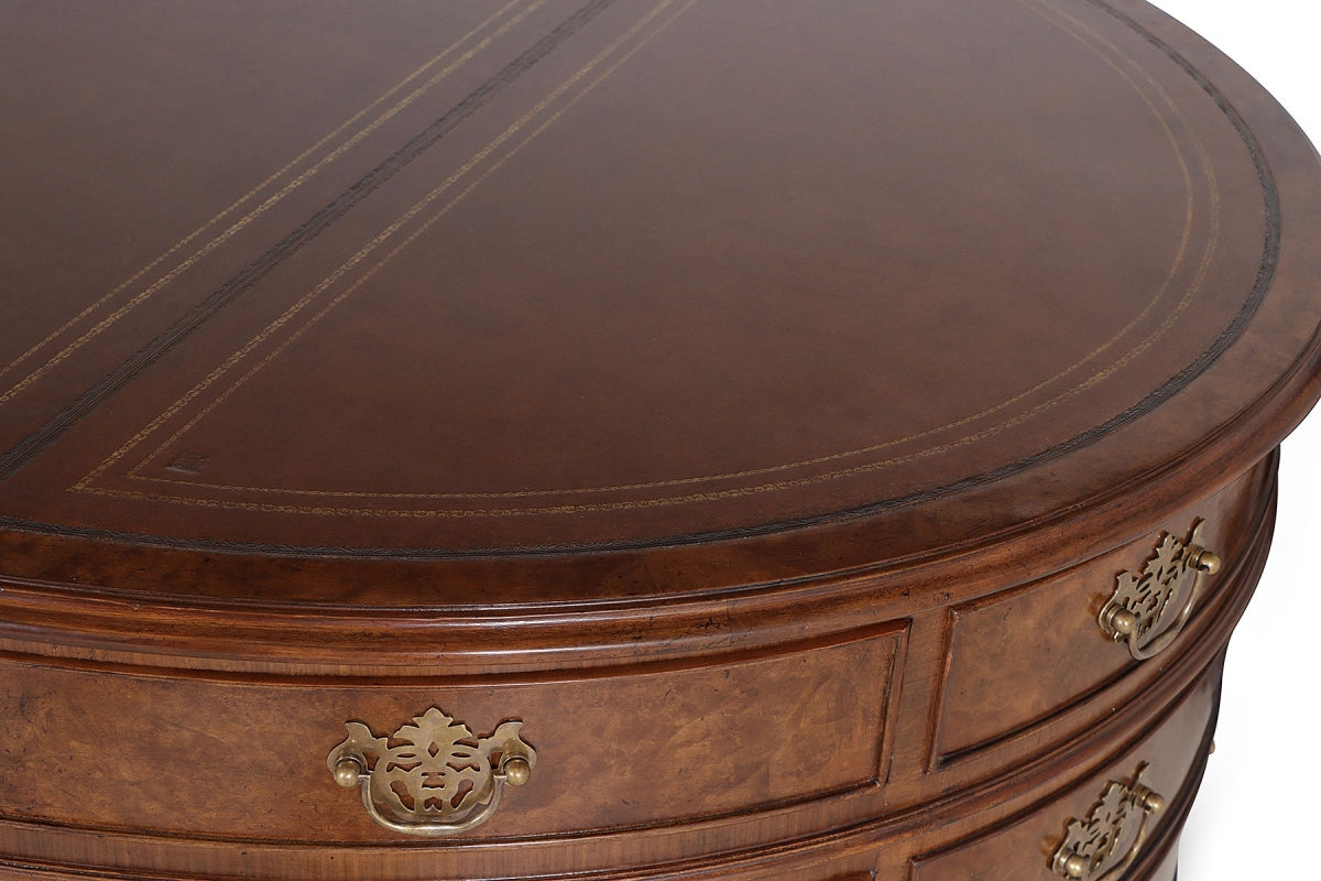 Burr walnut oval partners pedestal desk