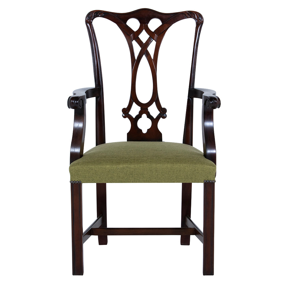 Chippendale Carver Upholstered In Green Fabric