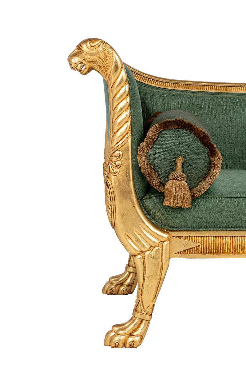 hand carved gilded arm and bolster on a brights of nettlebed sofa