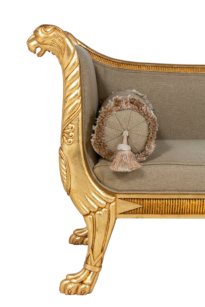 hand carved gilded arm and bolster on a brights of nettlebed sofa